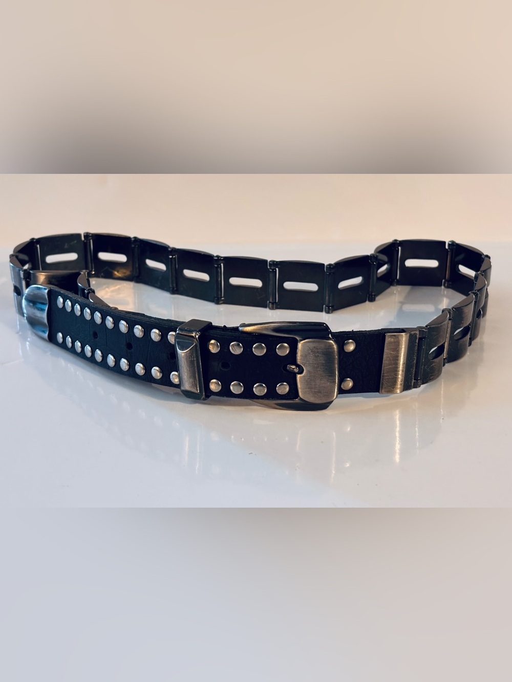 Vintage Articulated belt in steel and leather in punk/industrial style